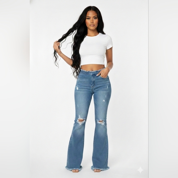 Risen Jeans Denim - NWT Risen Raw Edge Waist W Frayed Hem Flare Jeans 27/5